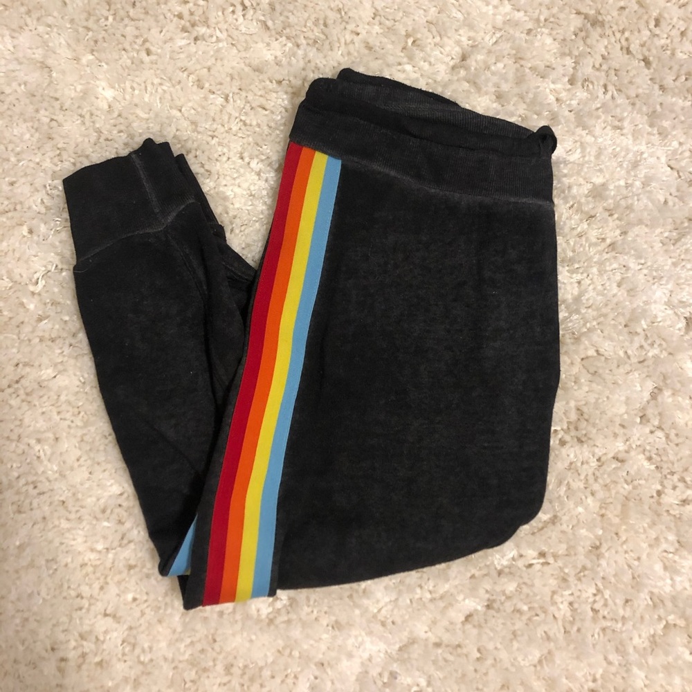 Burn out gray sweatpants with rainbow stripes